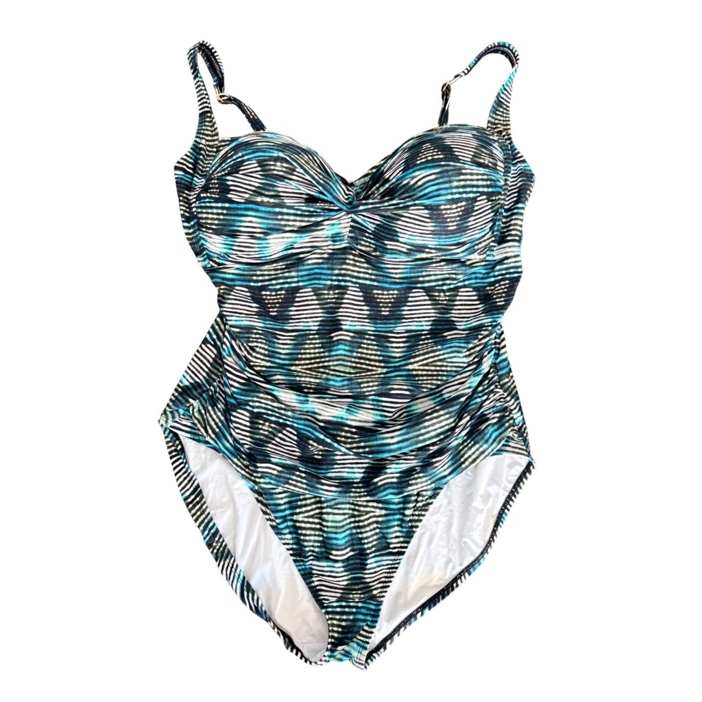 La Blanca Womens Teal Black Geometric Ikat Ruched One Piece Swimsuit Size 12